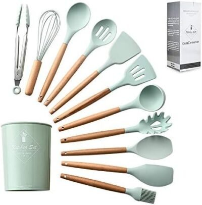 B07S6DJNPP-0-1730828709492.jpeg ComCreate Silicone Cooking Kitchen 11PCS Wooden Utensils Tool for Nonstick