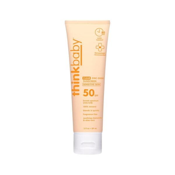 Thinkbaby Mineral Sunscreen for Sensitive Skin, SPF 50 Clear Zinc Oxide Baby Sunblock, 3 Fl Oz, Broad Spectrum UVA/UVB Protection, Natural, Water Resistant, Reef Safe, Vegan
